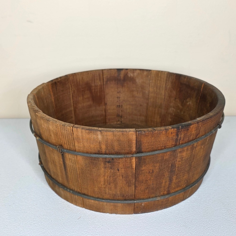 Vintage Wooden Stave Bucket Primitive 11.5x5.5 Brown Rustic Farmhouse Decor